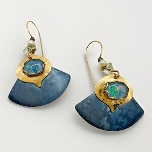 Vintage Holly Yashi Earrings Blue Niobium  Gold Tone Fan Glass Opalite 18k Plate